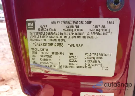 2005 Chevrolet Tahoe K1500 z USA, uszkodzony, nr VIN 1GNEK13T45R124553